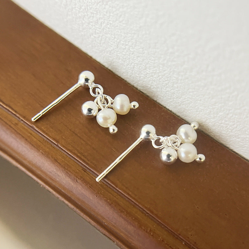 Women's Sterling Sier Natural Pearl Ball Beads For Simple Gentle Sweet Rings