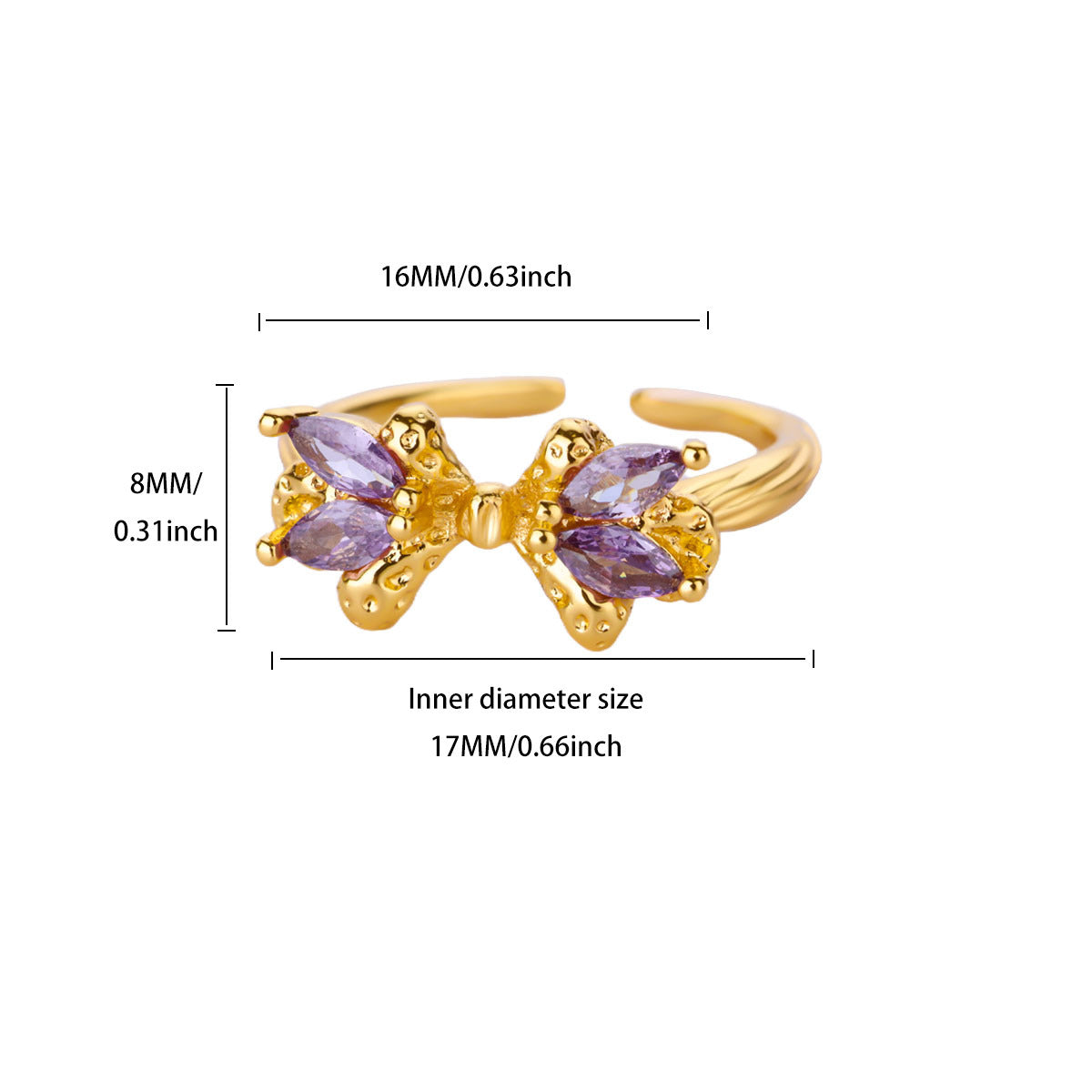 Sweet Loving Heart Purple Bow Zircon Gold-plated Ring