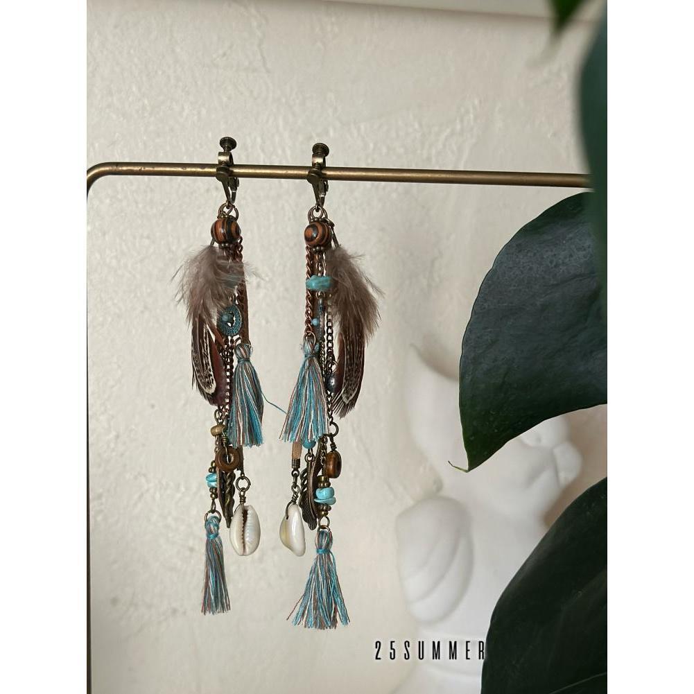 Women's Wandering Style Feather Tassel Retro Ethnic Rings