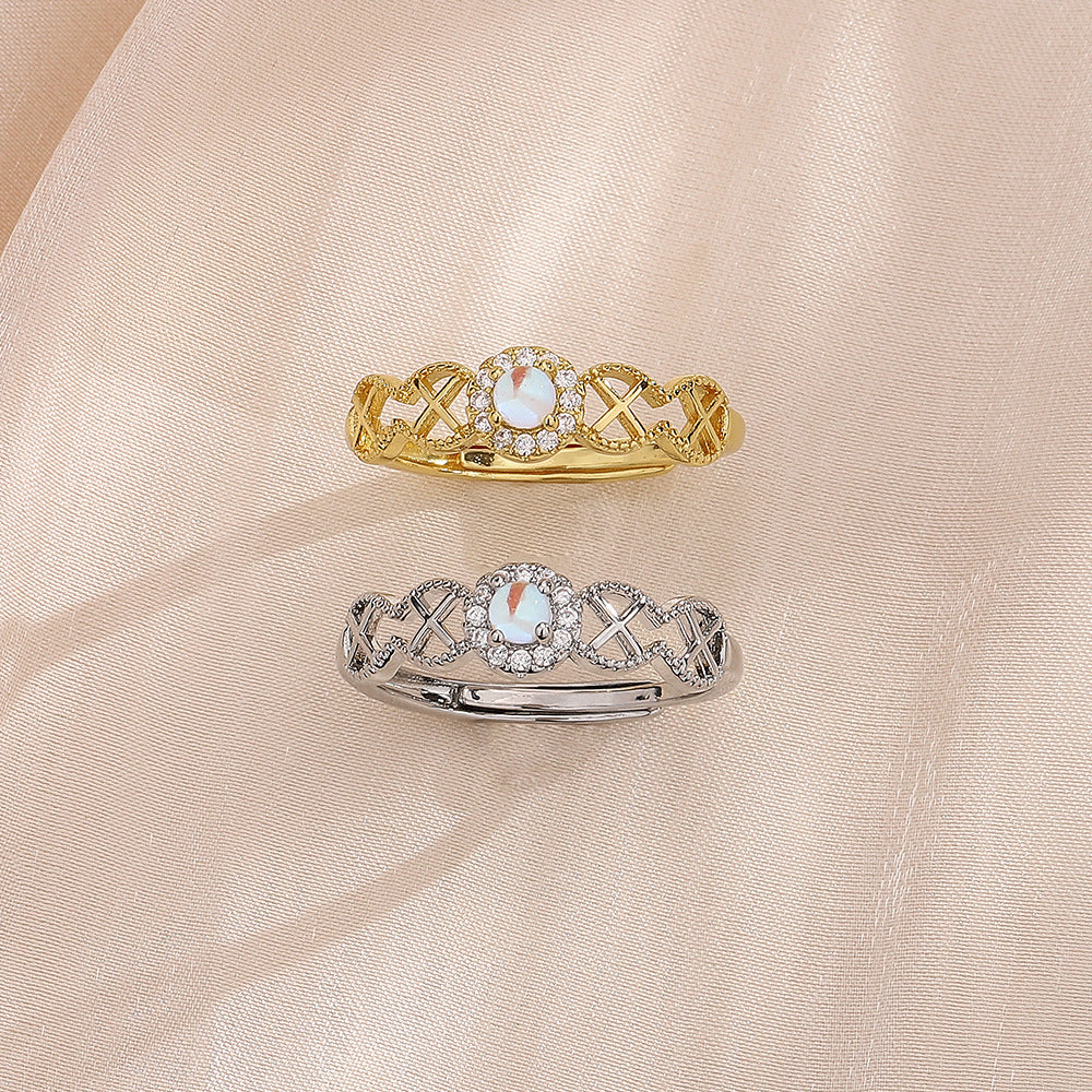 Moonstone Elegant Gold Plated Hollow Cross Aurora Zircon Rings