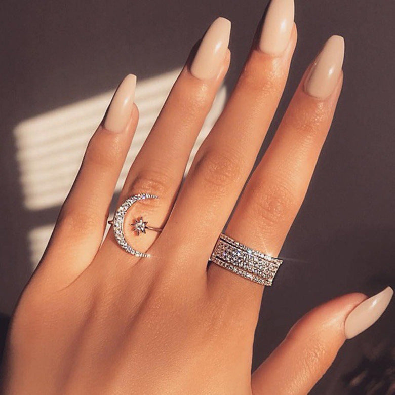 Crescent Star Moon Plated Creative Exaggerating Open Ring