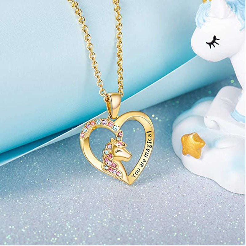 Brocade Unicorn Colorful Zircon Pendant Heart-shaped Necklaces