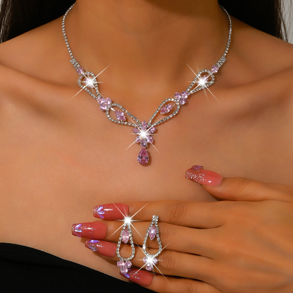 French Sweet Rhinestone Flower Bridal Wedding Fashion High Sense Copper Jewelry Set