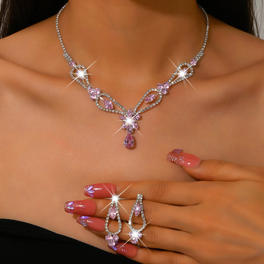 French Sweet Rhinestone Flower Bridal Wedding Fashion High Sense Copper Jewelry Set