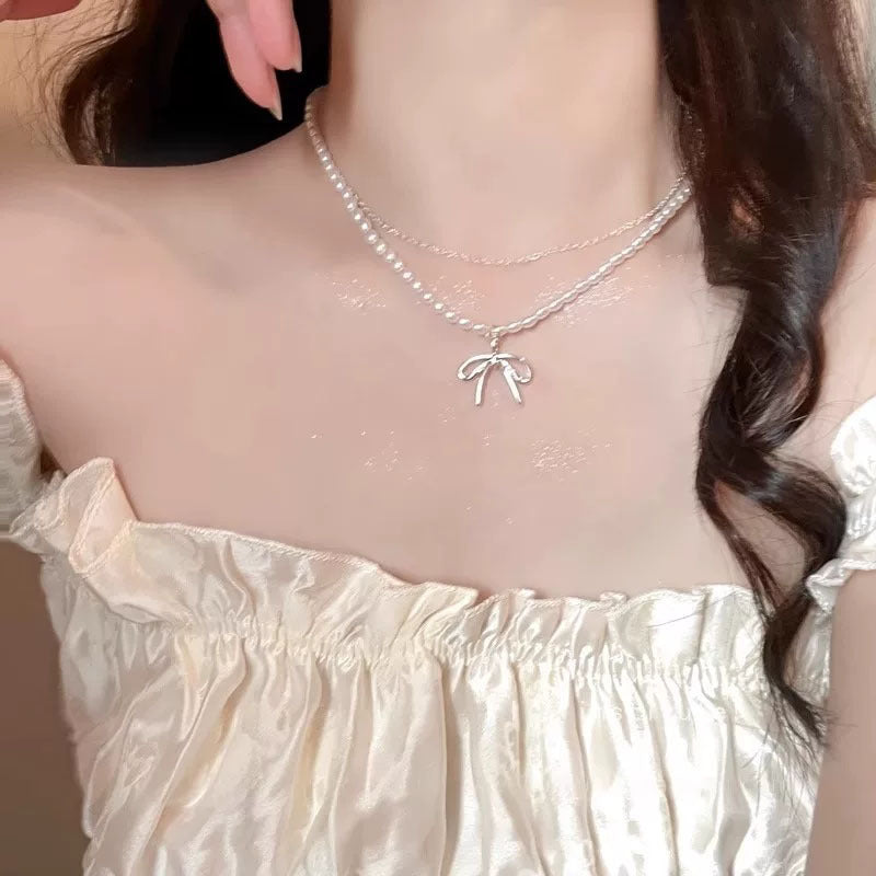 Bead Bow Double Layer Twin Female Light Luxury Minority Clavicle Necklace