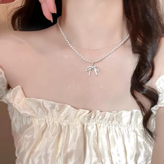 Bead Bow Double Layer Twin Female Light Luxury Minority Clavicle Necklace