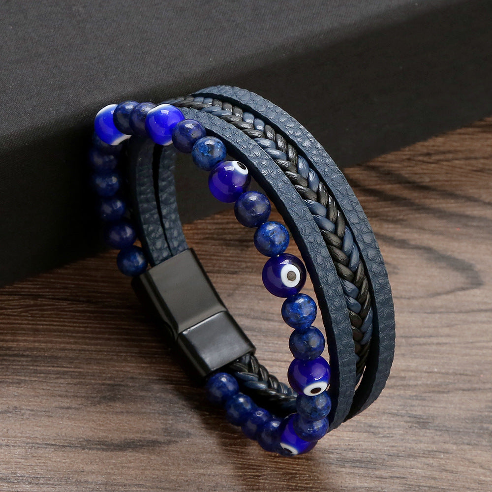 Men's Glass Devil's Eye Vintage Beaded Leather Bracelets