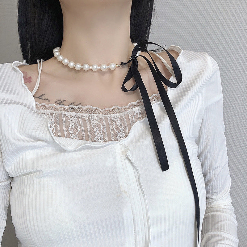 Women's Pearl Black Ribbon For Simple Cold Necklaces