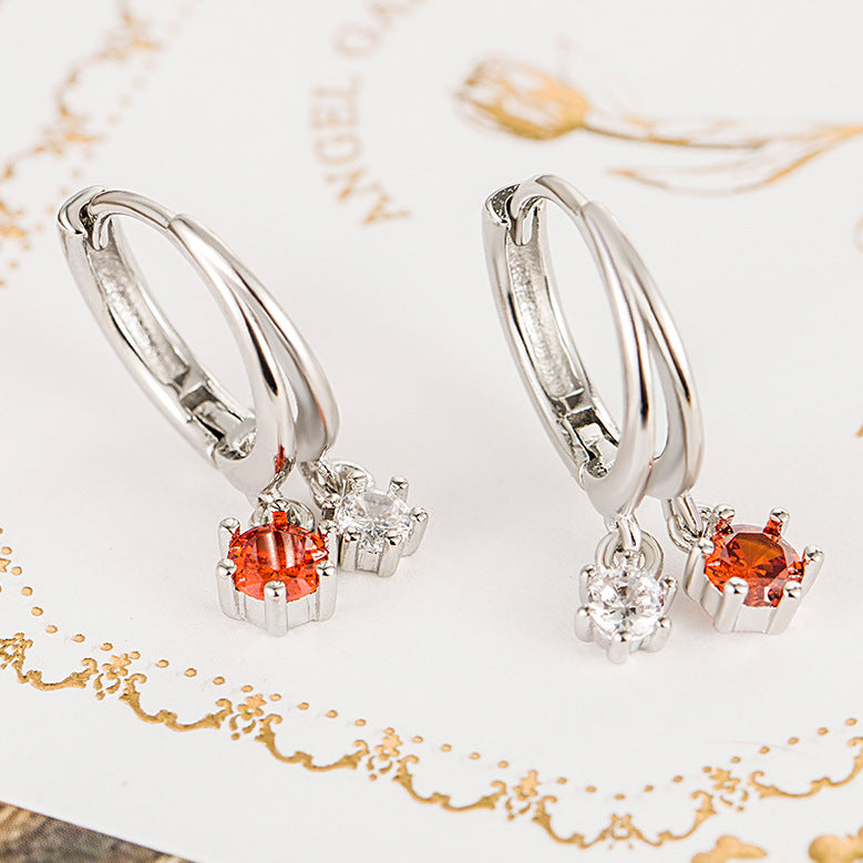 Diamond Red Zircon Inlaid Design Simple High Earrings