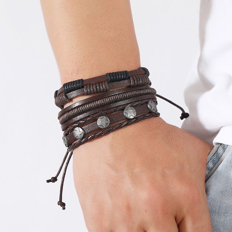 Simple Weave Vintage Leather Accessories Set Combination Bracelets