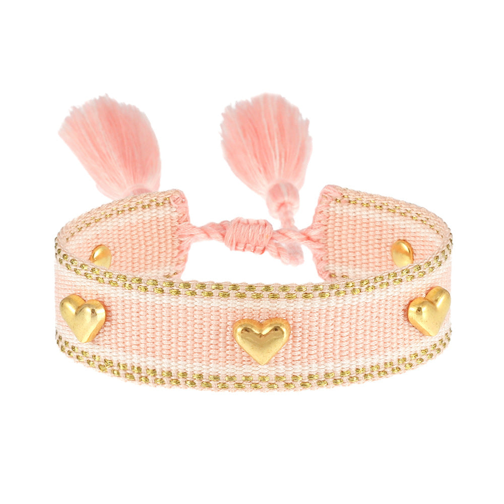 Couple Golden Heart-shaped Carrying Strap Hand-woven Tassel Bracelets