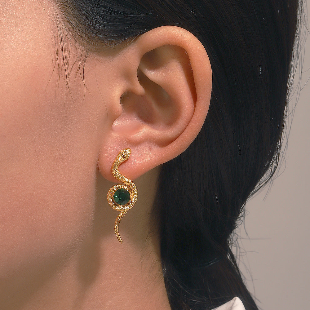 Boucles d'oreilles en forme de serpent pour femmes, mode rétro, enroulement émeraude, simulation de serpent