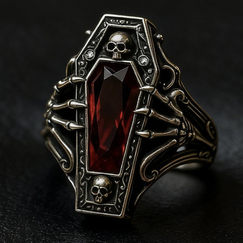 Environmental Protection Alloy Vintage Skull Punk Halloween Red Diamond Ancient Ring