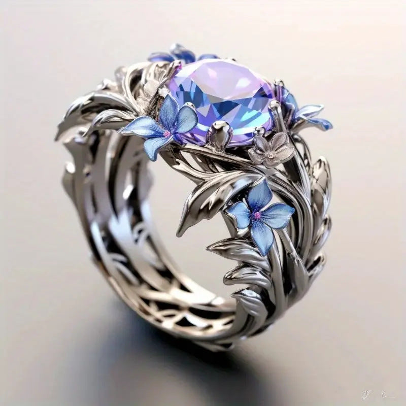 Women's Princess Olive Leaf Engagement Diamond Blue Zircon Rings