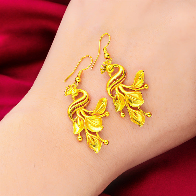 Women's Vietnam Placer Gold Frosted Peacock Leaf Earrings