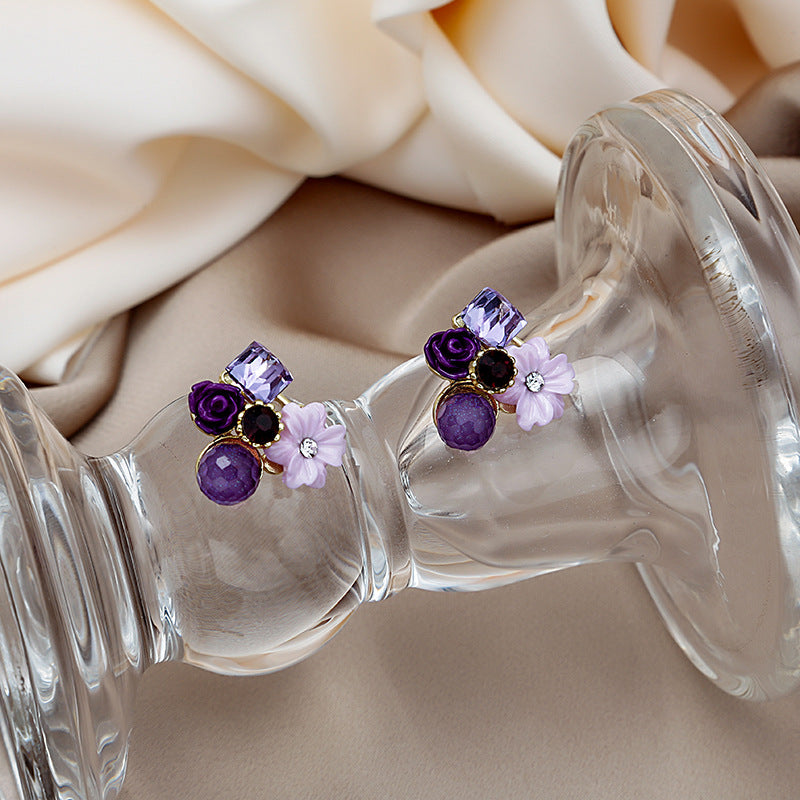 Boucles d'oreilles féeriques en cristal opale et diamant violet, aiguille, fleur