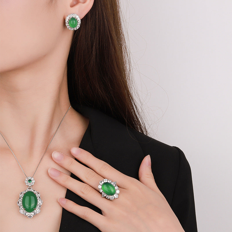 Sheng Copper Sole Gold Plated Fluorescent Green Chalcedony Jewelry Set