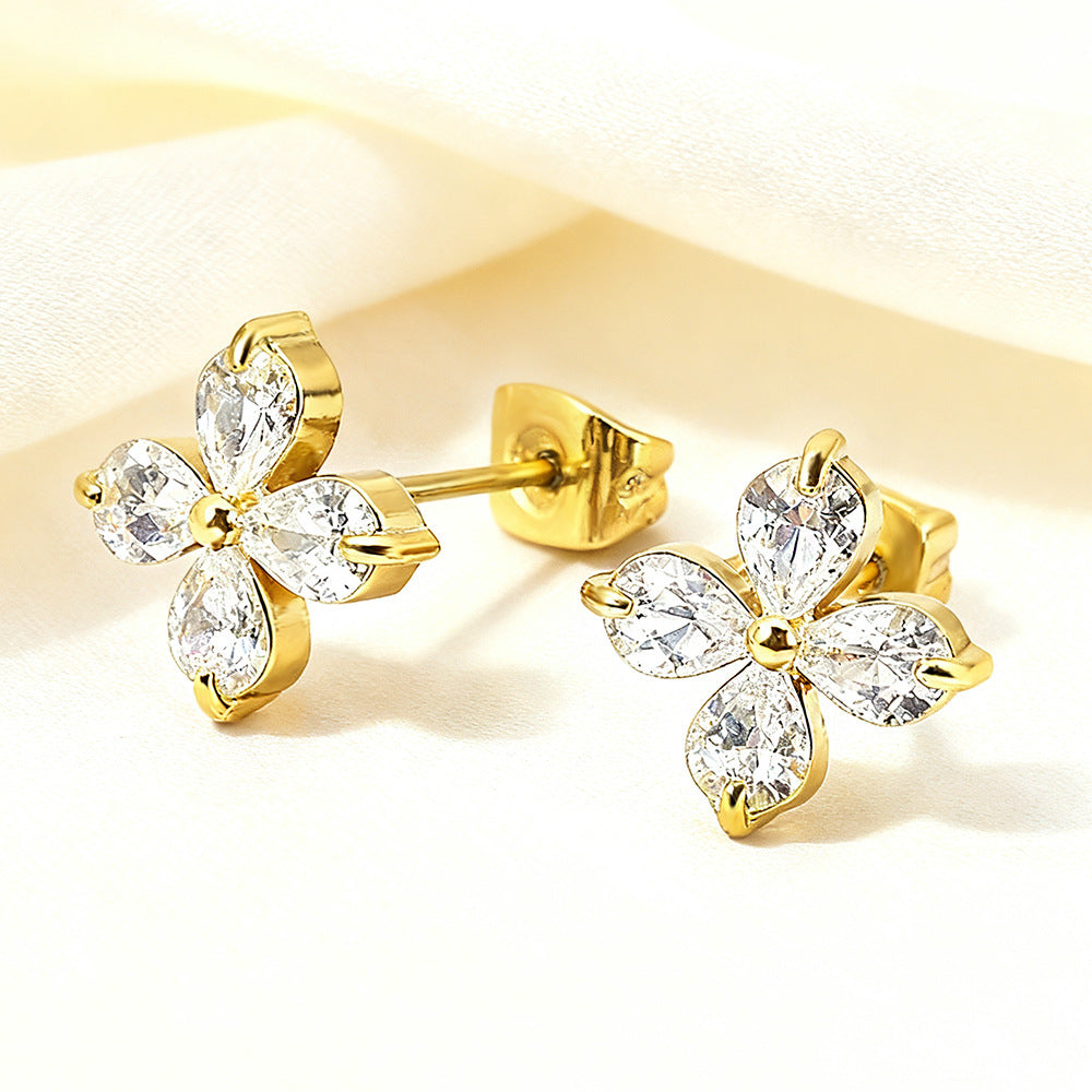 Women's Titanium Steel Inlaid Zircon Four Leaf Clover Ear High-grade Gold Stud Earrings