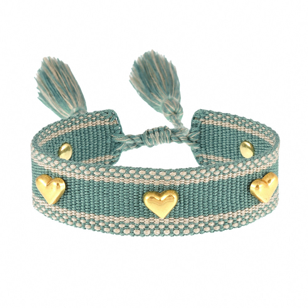 Couple Golden Heart-shaped Carrying Strap Hand-woven Tassel Bracelets