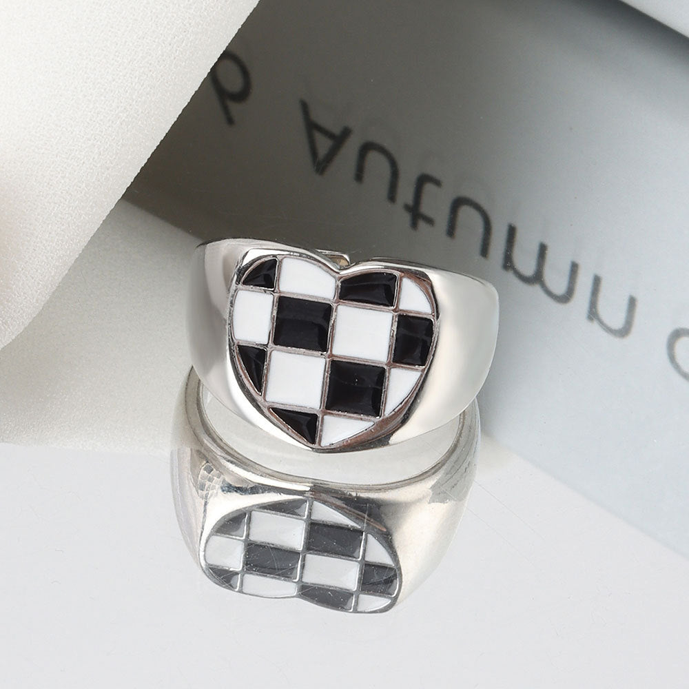 Chessboard Plaid Metal Open Cold Style Twin Rings