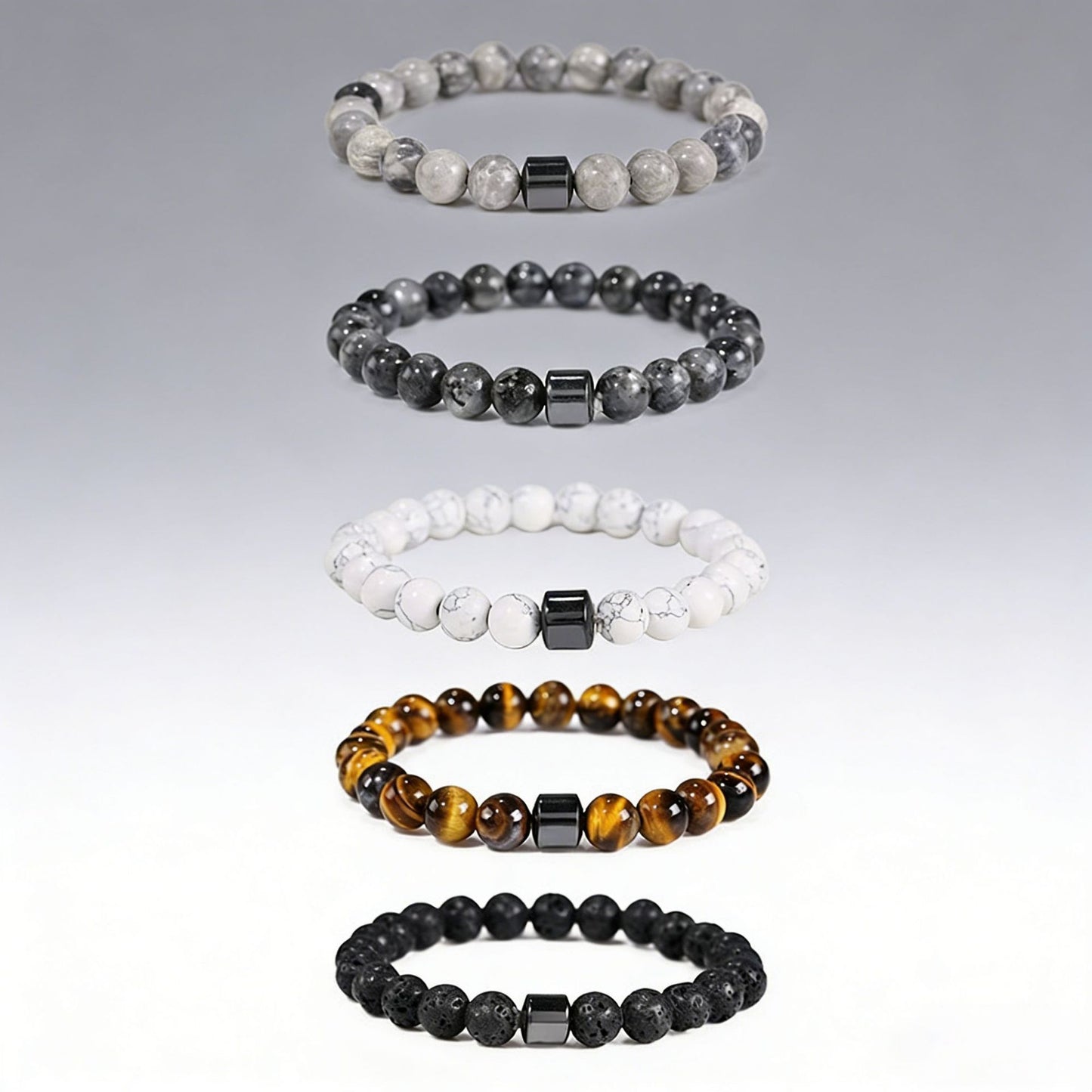 Men's Beaded White Turquoise Haematite Tigereye Volcanic Rock Map Stone Bracelet