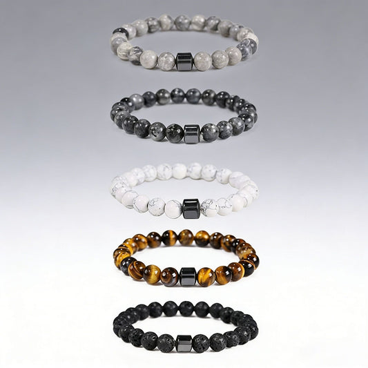 Men's Beaded White Turquoise Haematite Tigereye Volcanic Rock Map Stone Bracelet