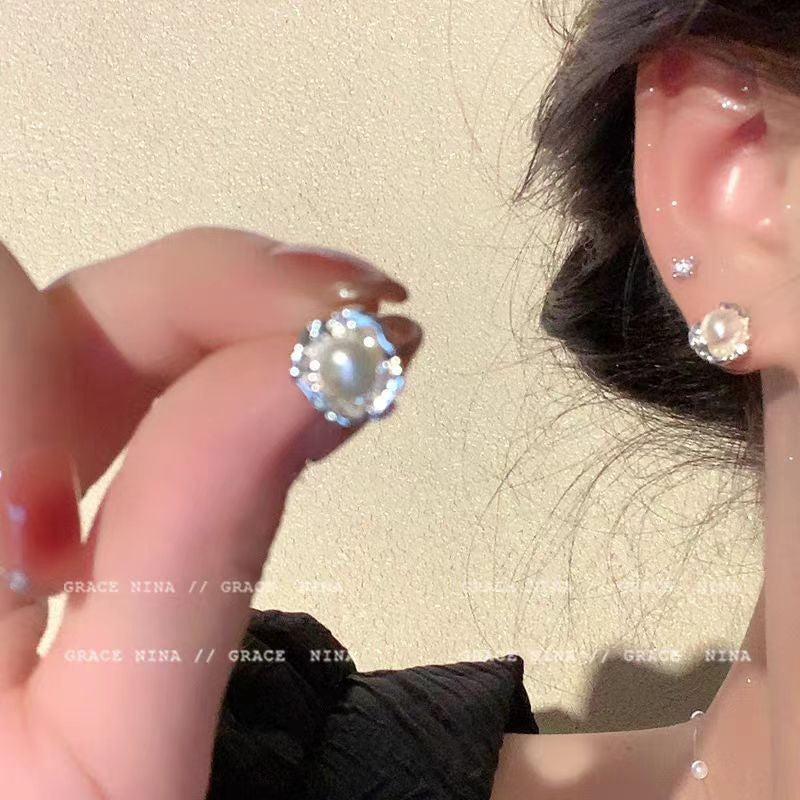 Gentle Temperamental Pearl High-grade Diamond Decorations Niche Stud Earrings