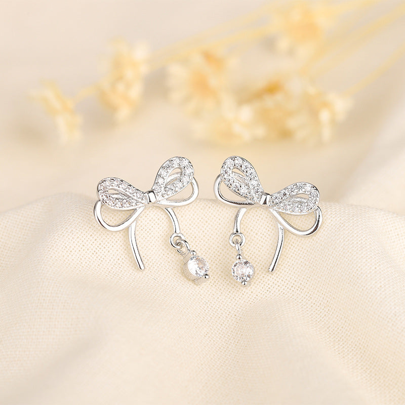 Layer Bow Female Sier Light Luxury Diamond Design High-grade Stud Earrings