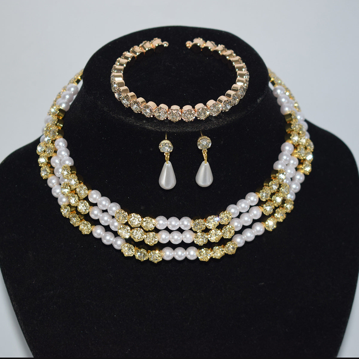 Pearl Diamond Collar Bridal Rhinestone Three-piece Jewelry Set