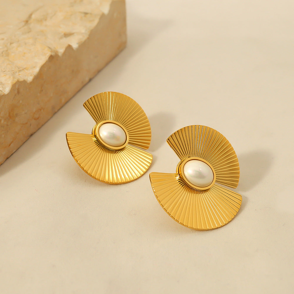 Pearl Fan-shaped Titanium Steel Female Radiation Earrings