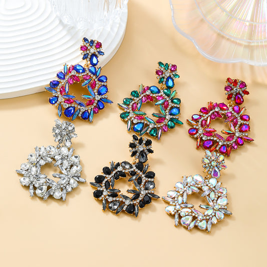 Colored Diamond Exaggerated Alloy Round Flower Earrings