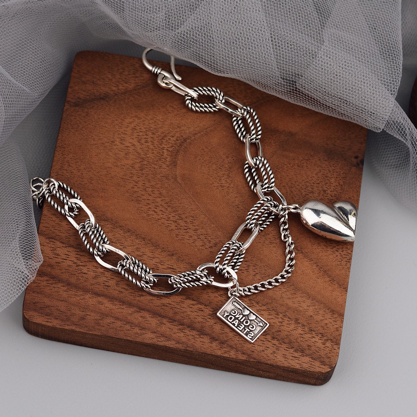 Asymmetric Heart Female Buckle Lettering Square Plate Bracelets