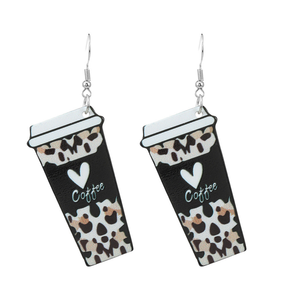 Women's Leopard Print Love Acrylic Coffee Cup Eardrops Rings