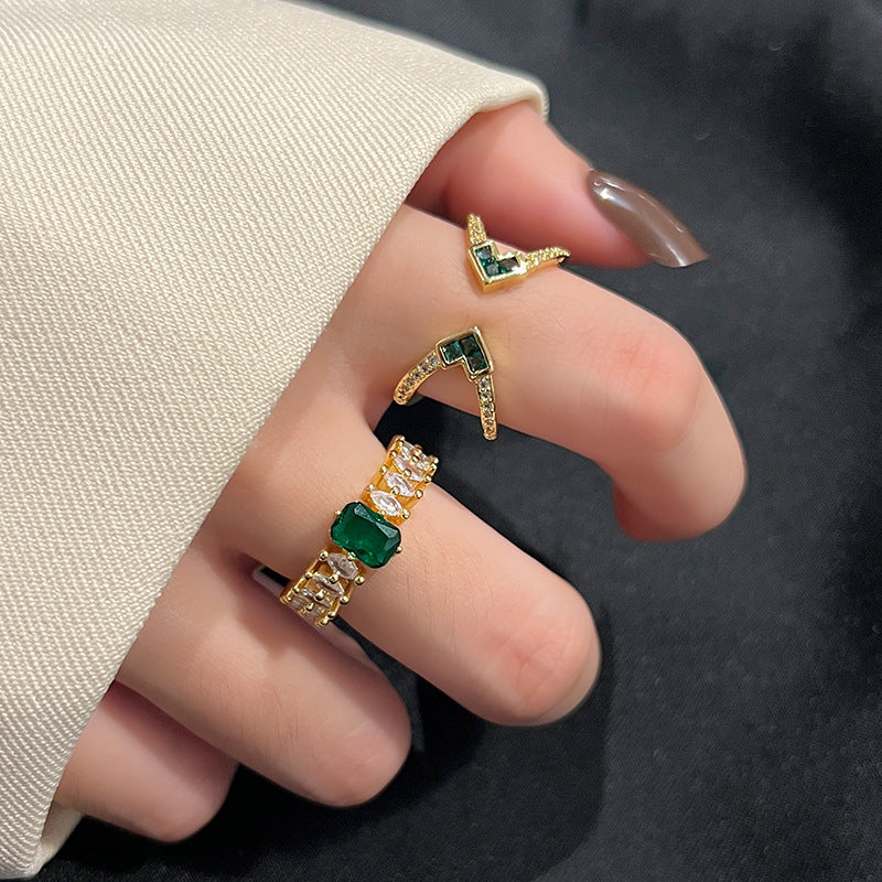 Fashion Retro Style Green Inlaid Zircon Female Simple Cold Rings