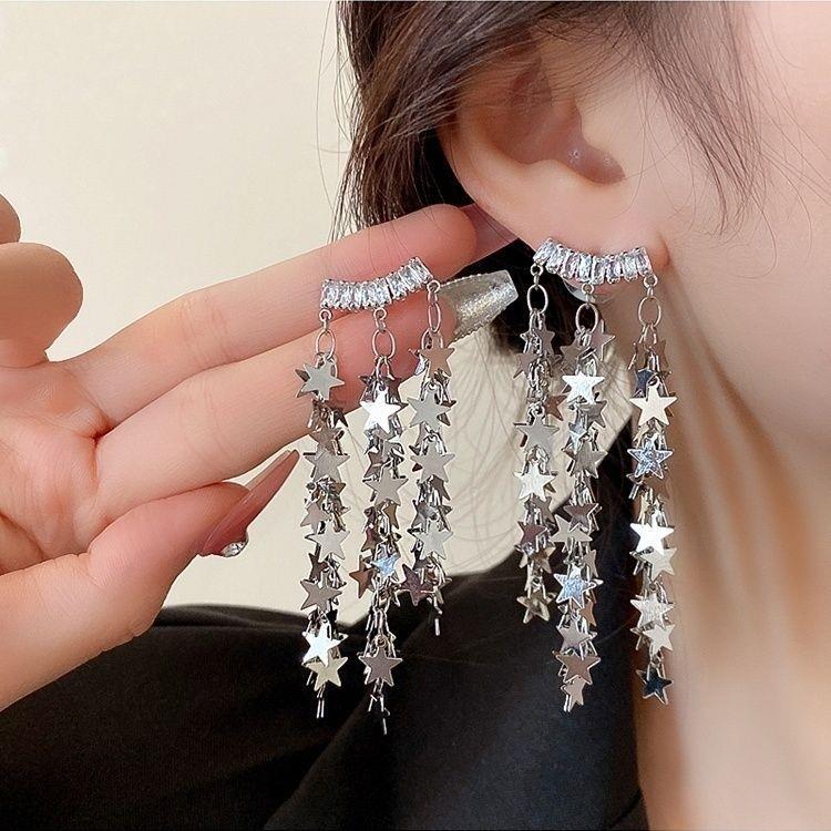 Women's Sier Five-pointed Star Sequin Tassel Korean Earrings