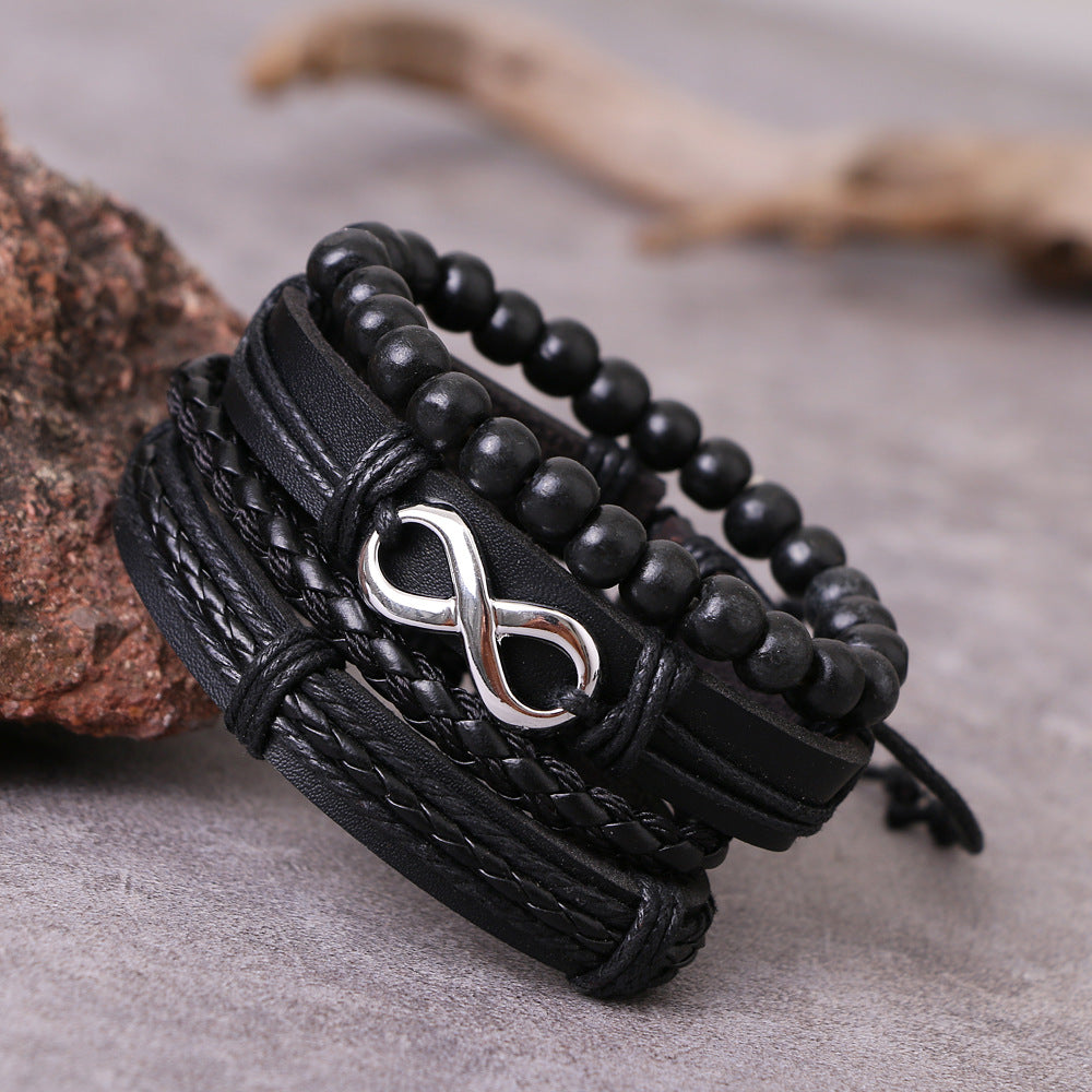 Men's Black Leather Bead Stylish Adjustable Bracelets