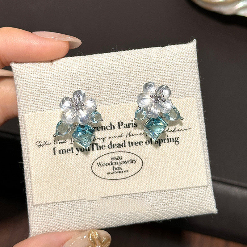 Women's Blue Flower Cube Sugar Rhinestone High-grade Crystal Clear Unique Light Earrings