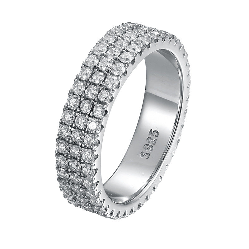 Sier Two Rows Couple Full Diamond Three-row Rings