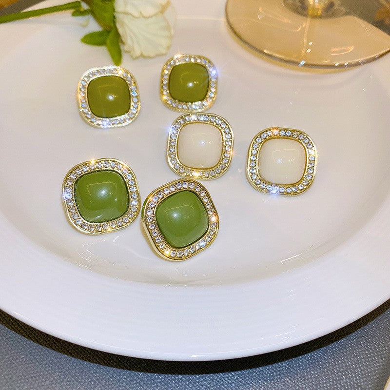 Avocado Green Geometric Rhinestone Temperamental Cold Style French Vintage Pearl Stud Earrings