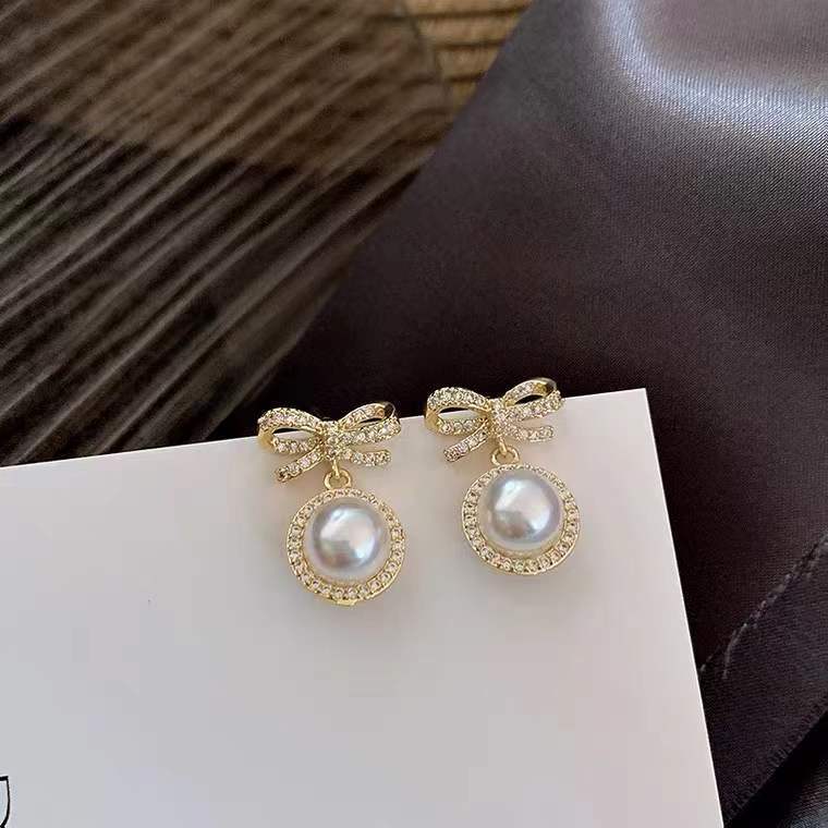 Graceful Petite Rhinestone Bow Eardrops Design Earrings