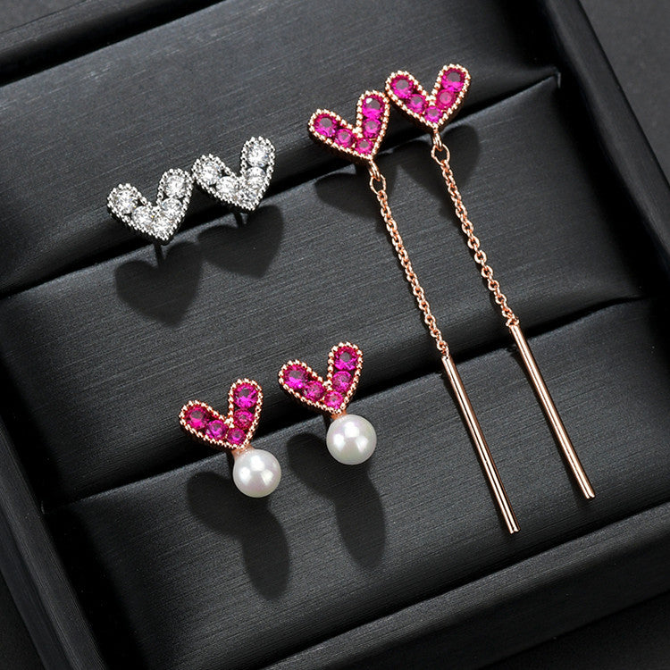 Boucles d'oreilles froides personnalisées pour femmes, rubis, cœur d'amour, aiguille en argent Sterling exquise