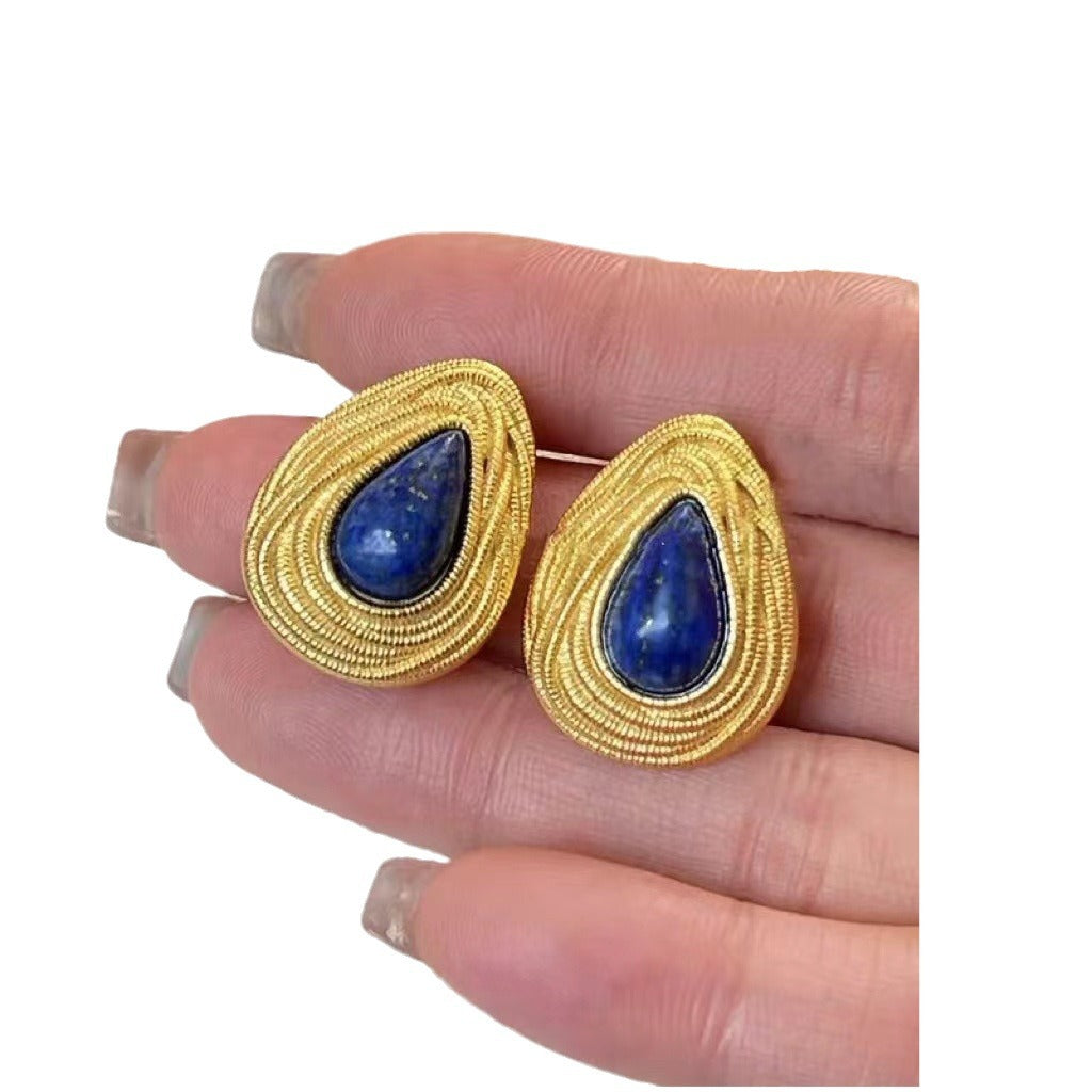 Women's Metal Woven Lapis Water Drop Ear Needle Light Earrings