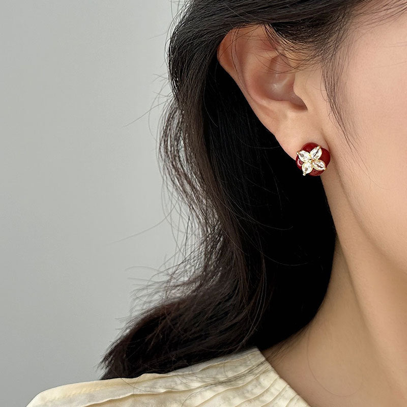 Women's Flower Red Drip Square For Mild Luxury Retro Fashion Earrings