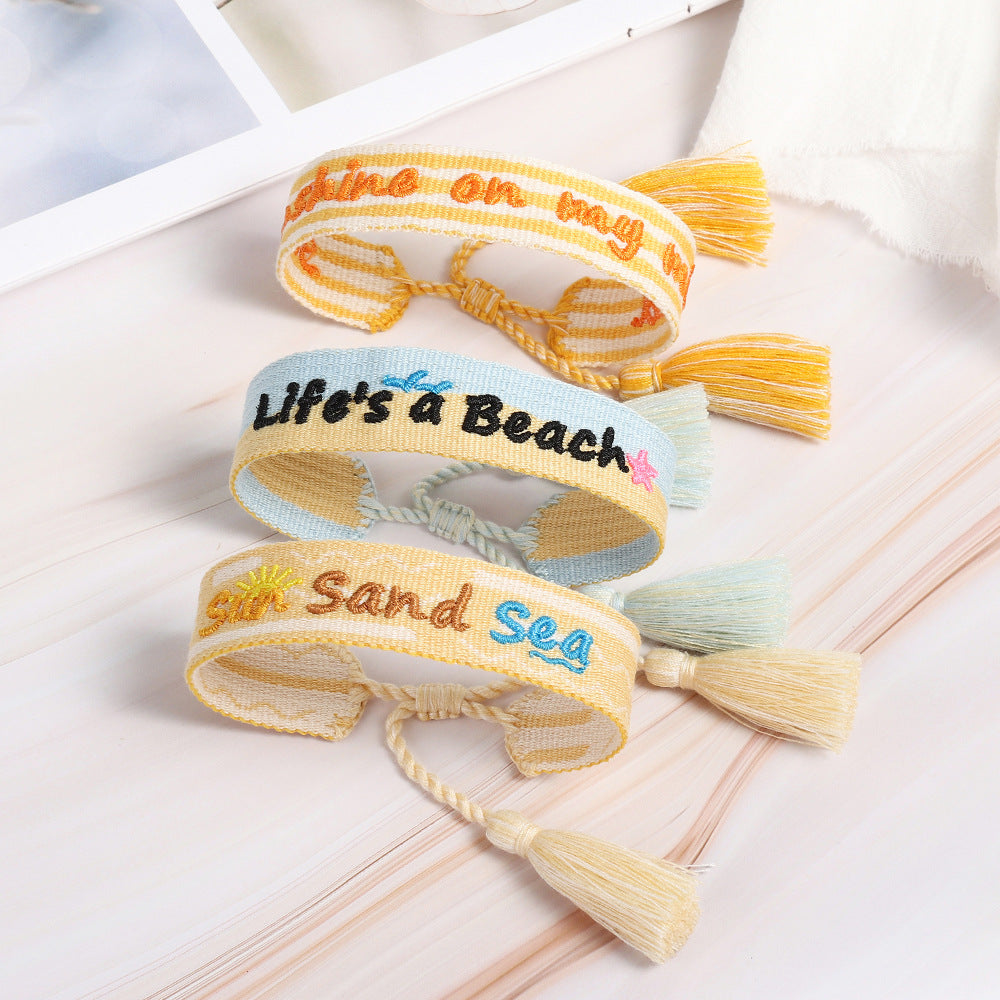 Women's Summer Beach Element Woven Embroidered Letter Water Drop Bracelets