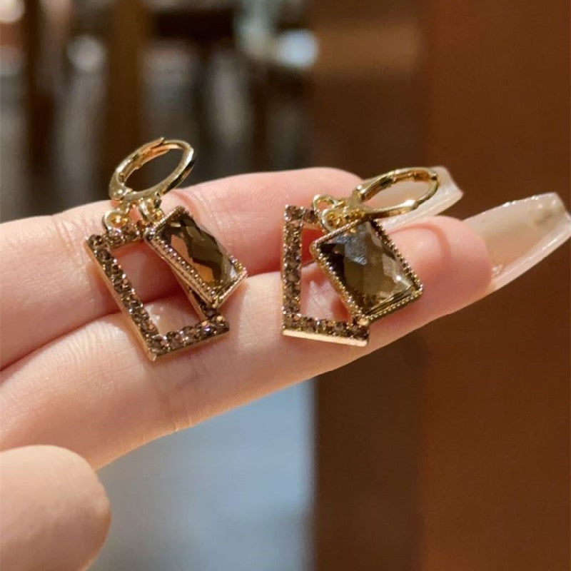 Coffee Crystal Square Female Temperament High Earrings