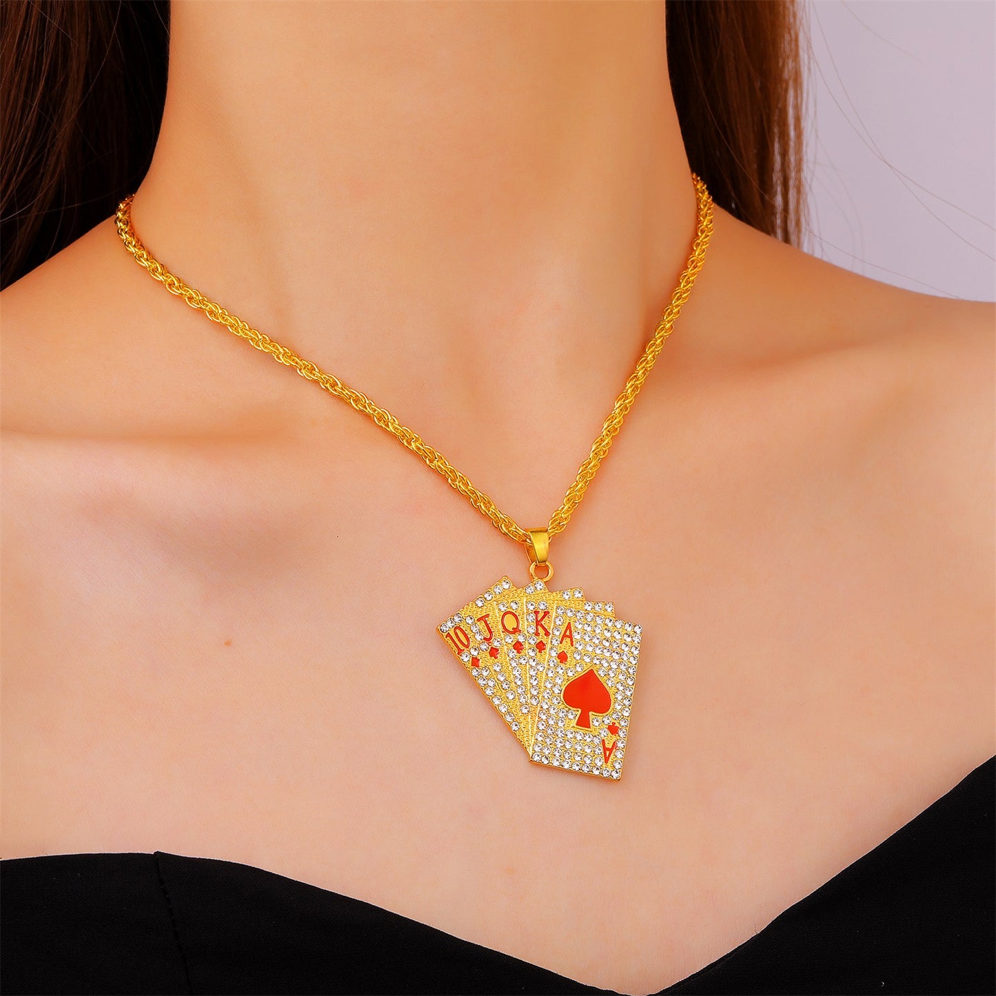 Women's & Men's Hip Hop Diamond Playing Card Design Flush Clavicle Chain Necklaces