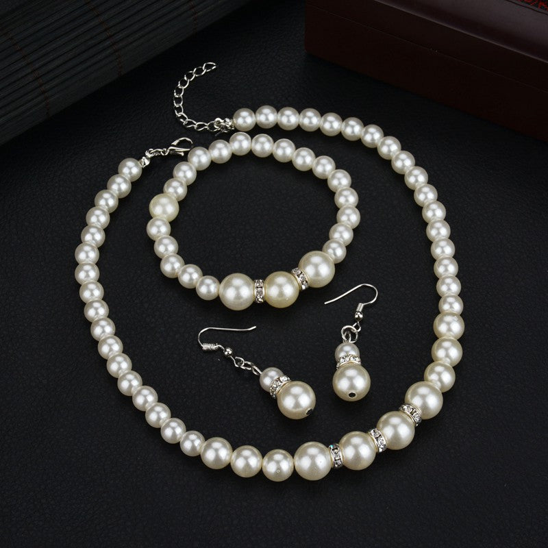 Classy Pearl Diamond Crystal Batch Three-piece Jewelry Set