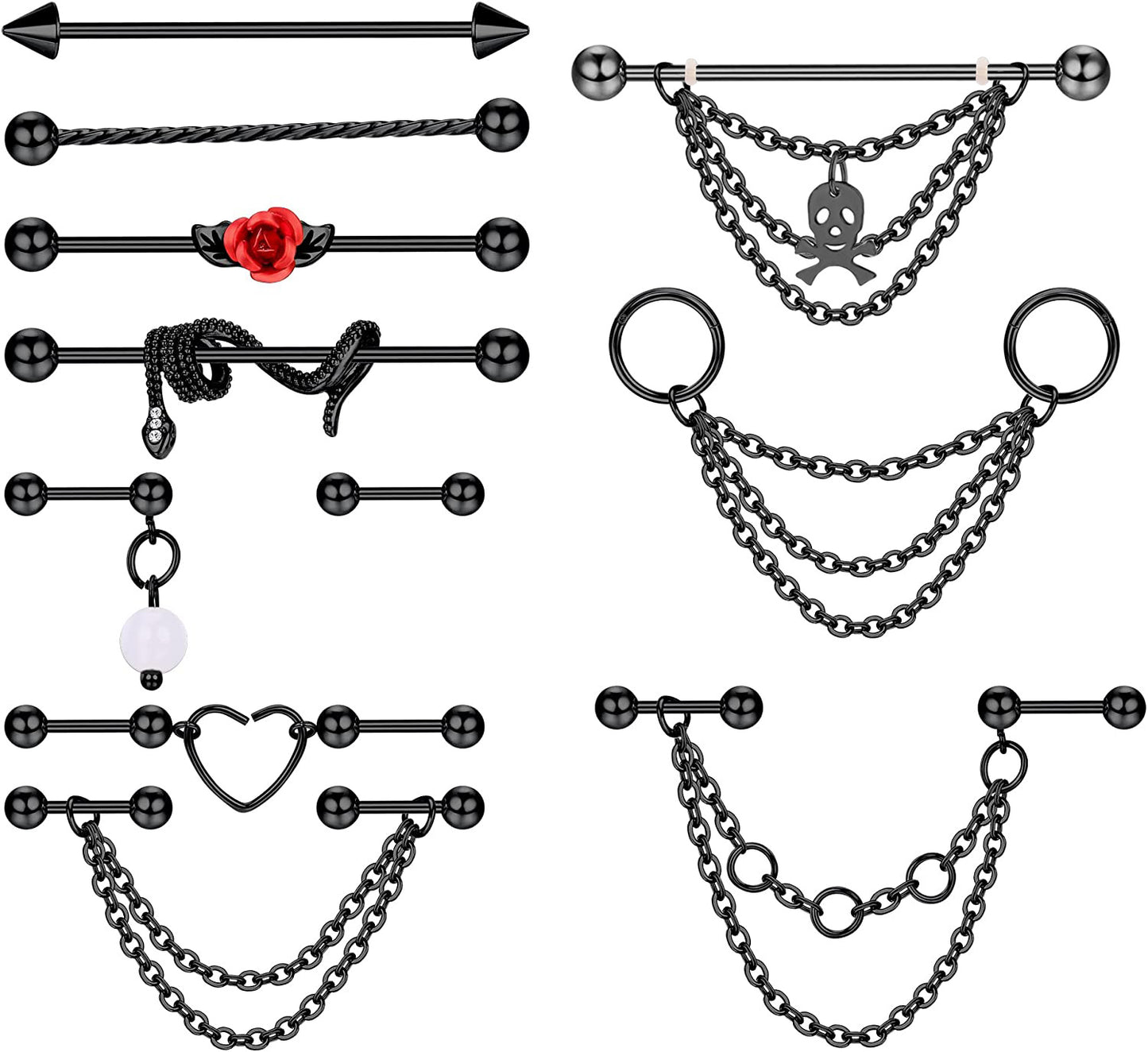 Industrial Rod Ear Bone Gem Flower Snake Chain Stud Earrings