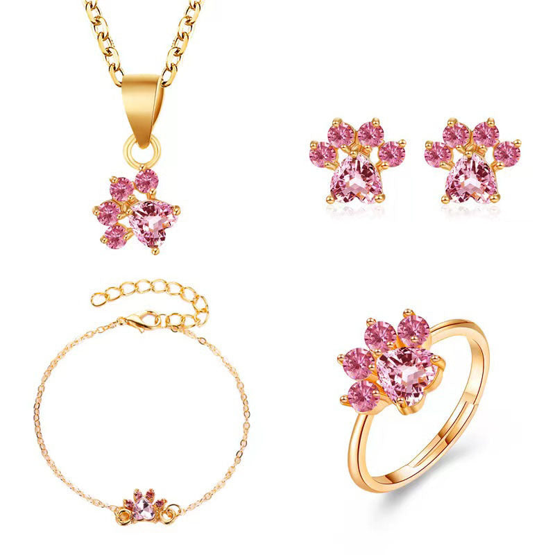 Women's Simple Cat's Paw Heart-shaped Pet Footprints Jewelry Set