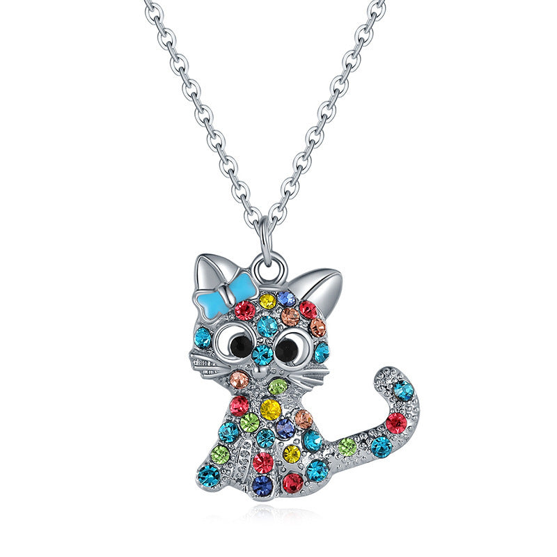 Colorful Cat Diamond Female Animal Cartoon Kitten Clavicle Necklace